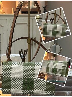 TORY BURCH McGraw Woven Shiso Green & White Gingham Plaid Wallet Crossbody Bag